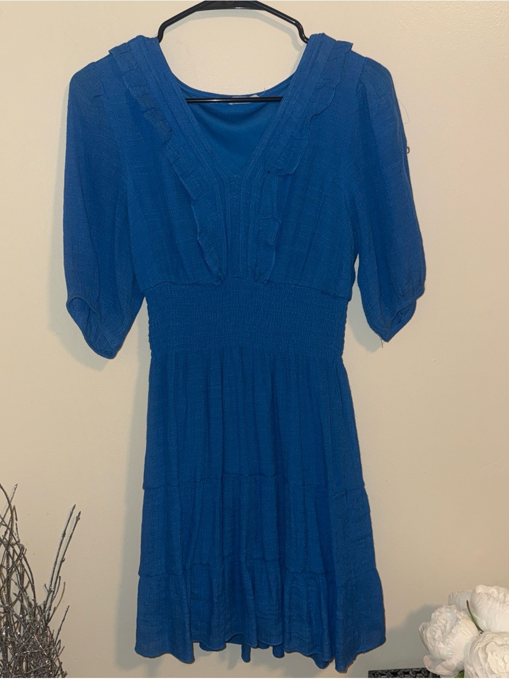 Women’s Blue Smocked Waist V-Neck Dress